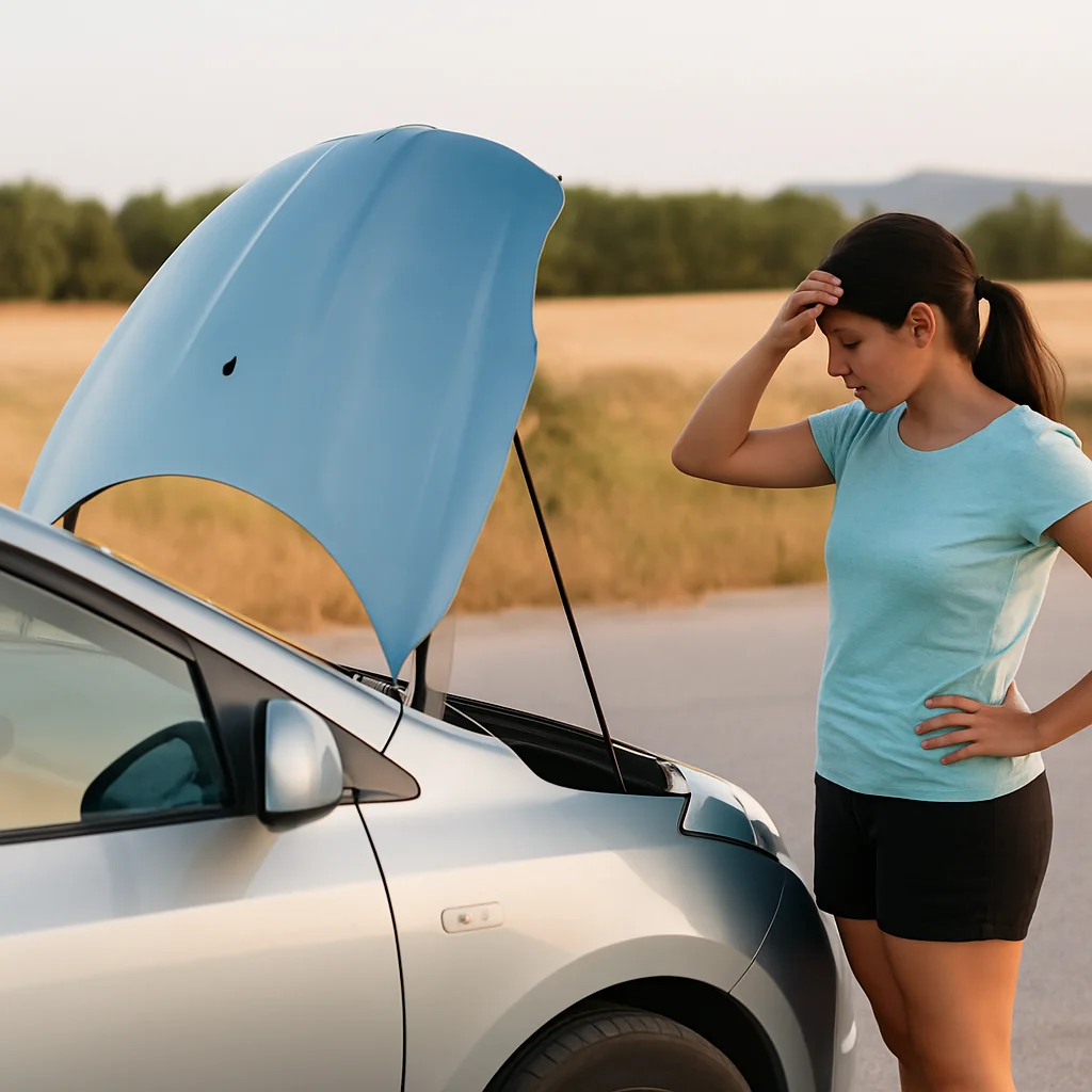 ngo-illustration-Artboard 5 Mujer preocupada junto a su coche averiado en una carretera rural durante el verano