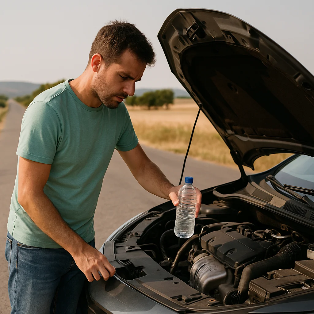 hombre revisando motor coche calor verano hombre revisando motor coche calor verano