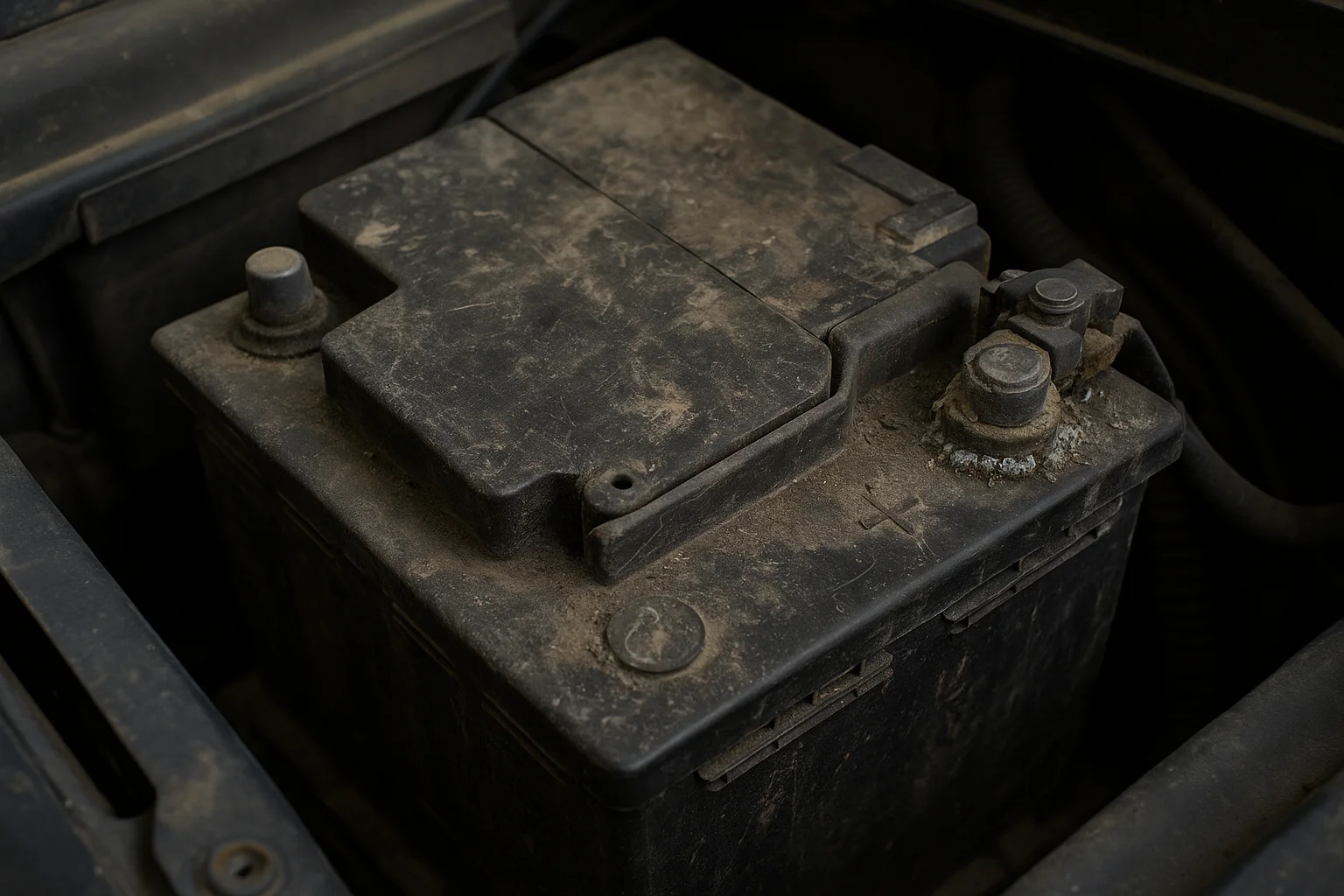 batería de coche con signos de desgaste y corrosión Detalle de batería de coche desgastada y sucia, con bornes oxidados