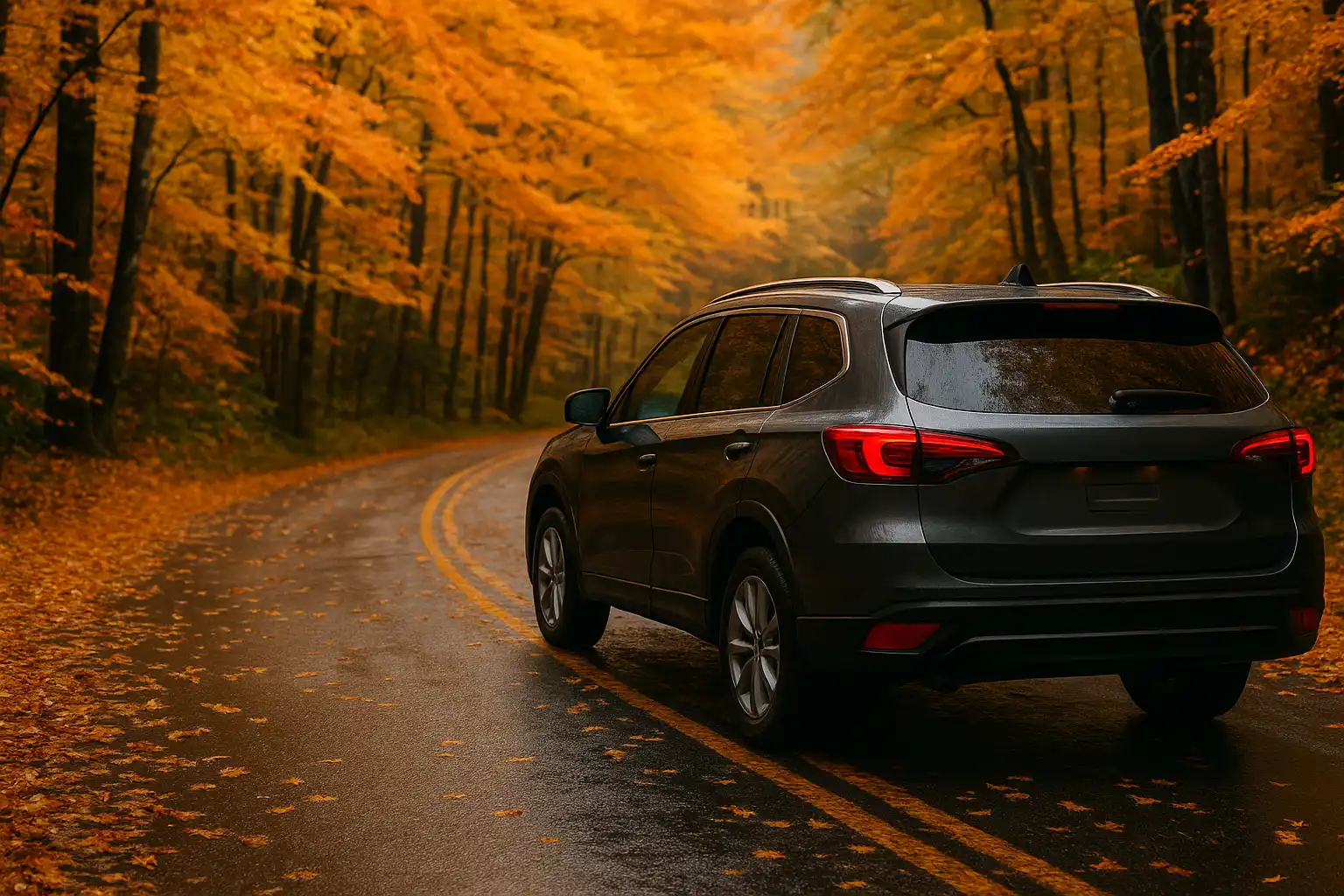ngo-illustration-Artboard 5 coche circulando por carretera con hojas de otoño – revisión en Antis Guadarrama