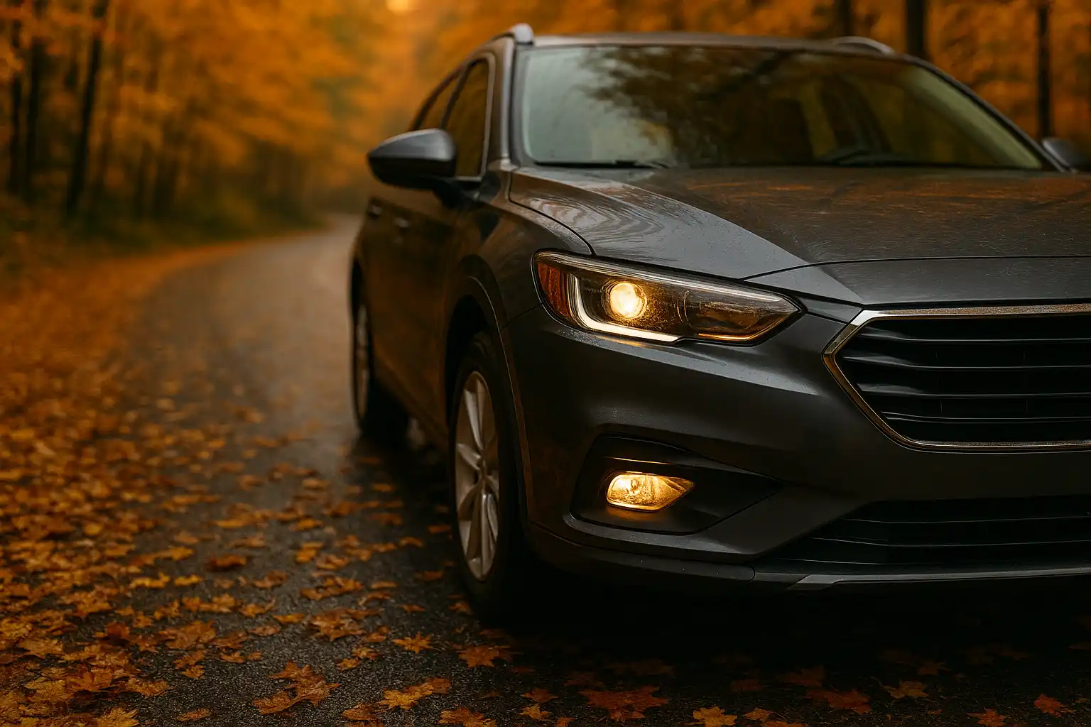 vehículo en otoño con hojas caídas – mantenimiento coche antis guadarrama Coche en carretera otoñal – revisión postvacaciones Antis Guadarrama