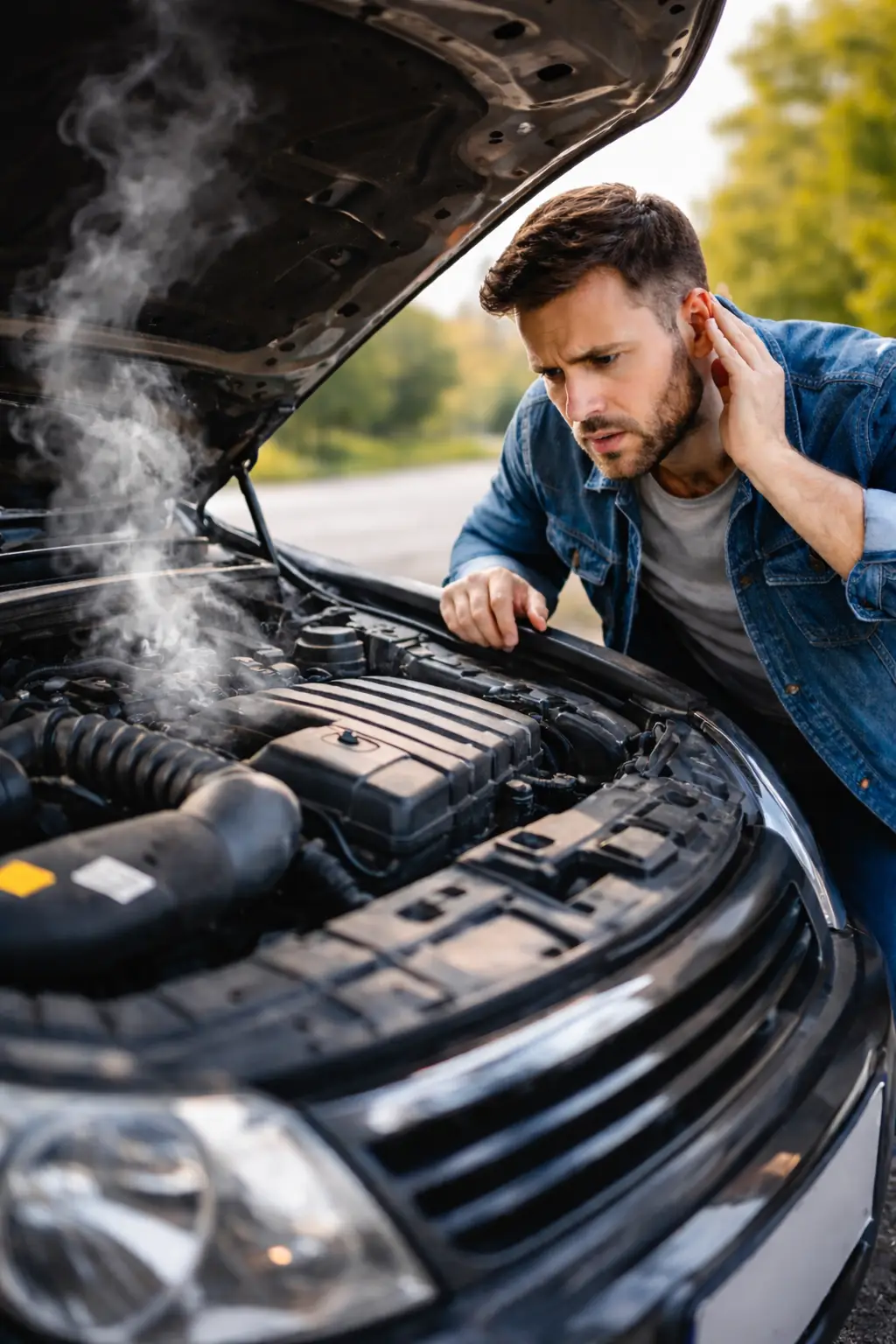 Mecánico realizando revisión pre-ITV a un coche en taller de Guadarrama