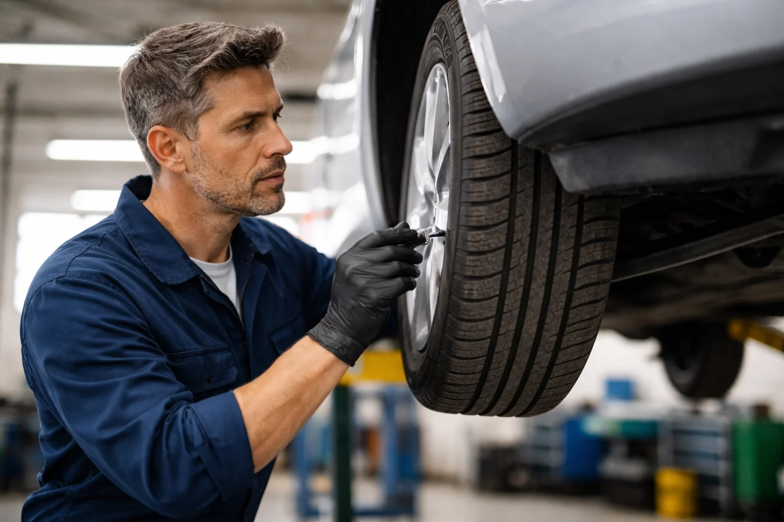 Mecánico revisando el estado y desgaste de los neumáticos antes de la ITV en Guadarrama