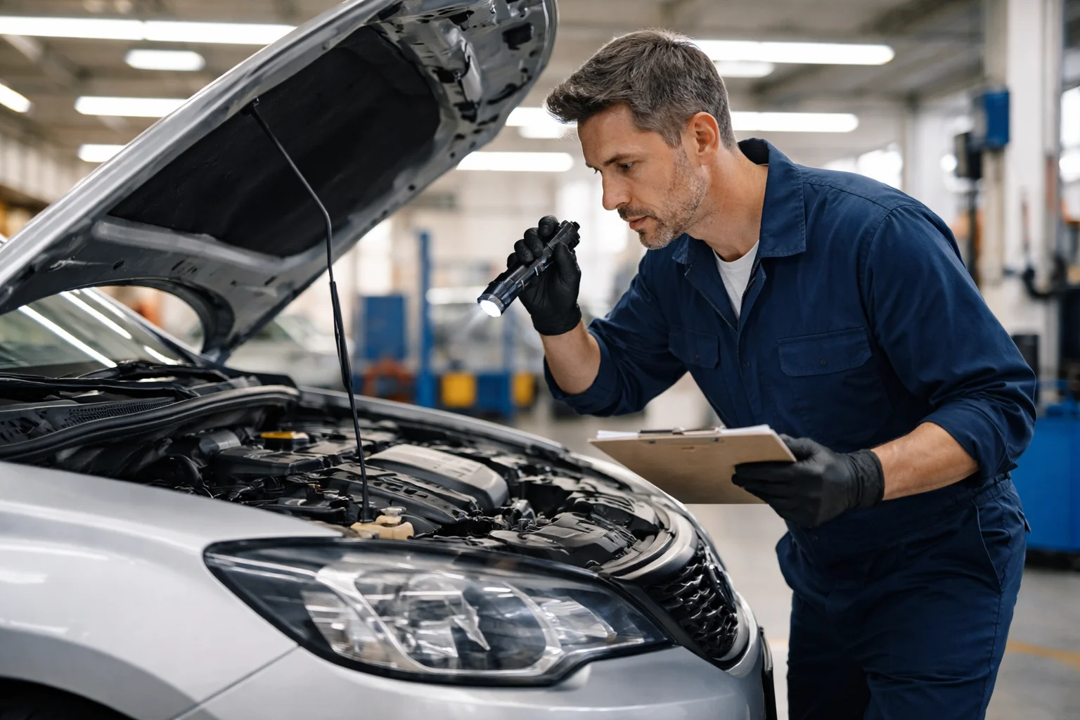 Mecánico realizando revisión pre-ITV a un coche en taller de Guadarrama