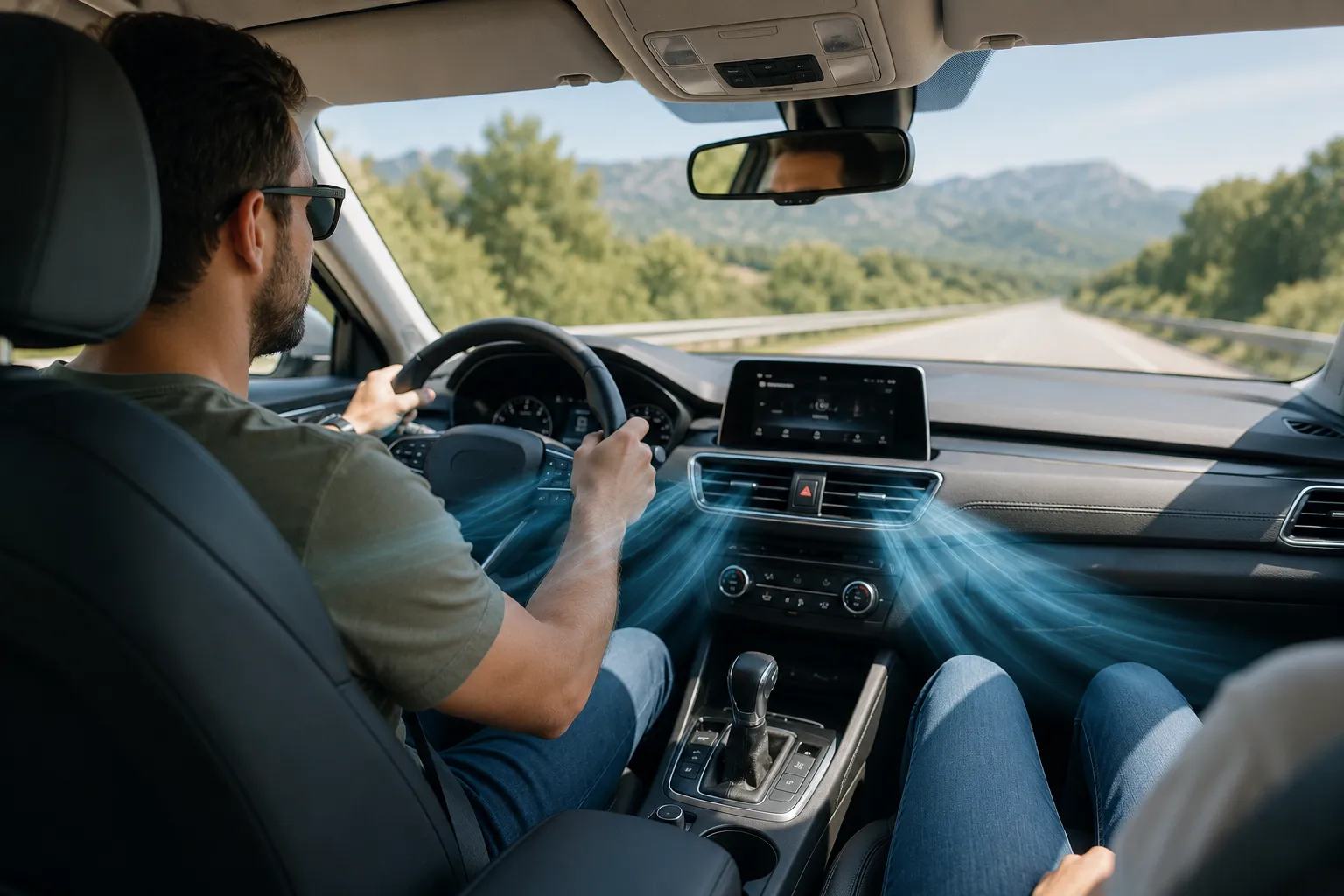 interior de un coche con un ambiente fresco y confortable gracias al correcto funcionamiento del aire acondicionado durante un viaje en verano revisado en Antis Guadarrama