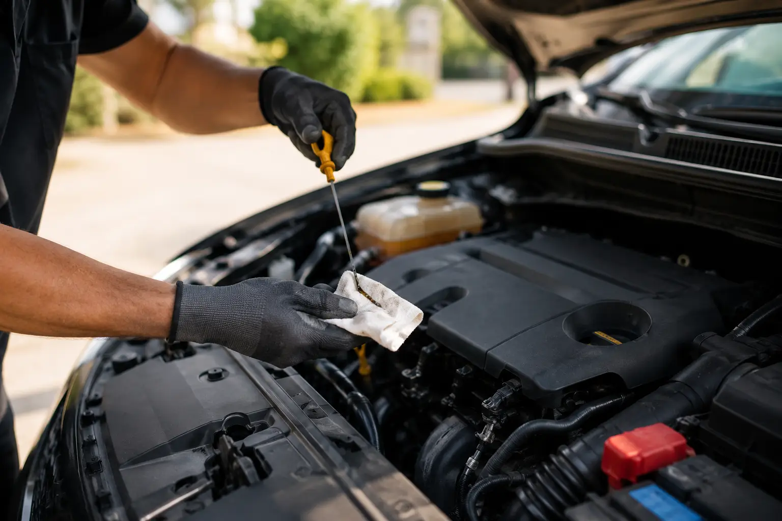 Revisión preventiva del coche antes de viajar en verano Revisión del nivel de aceite del coche antes de un viaje en verano